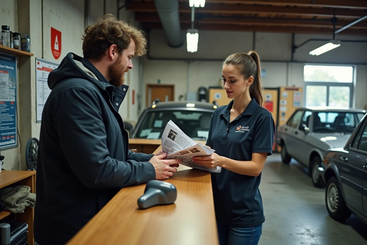 Client et employée comparant des pièces détachées au comptoir d'accueil d'une casse automobile près de Lille
