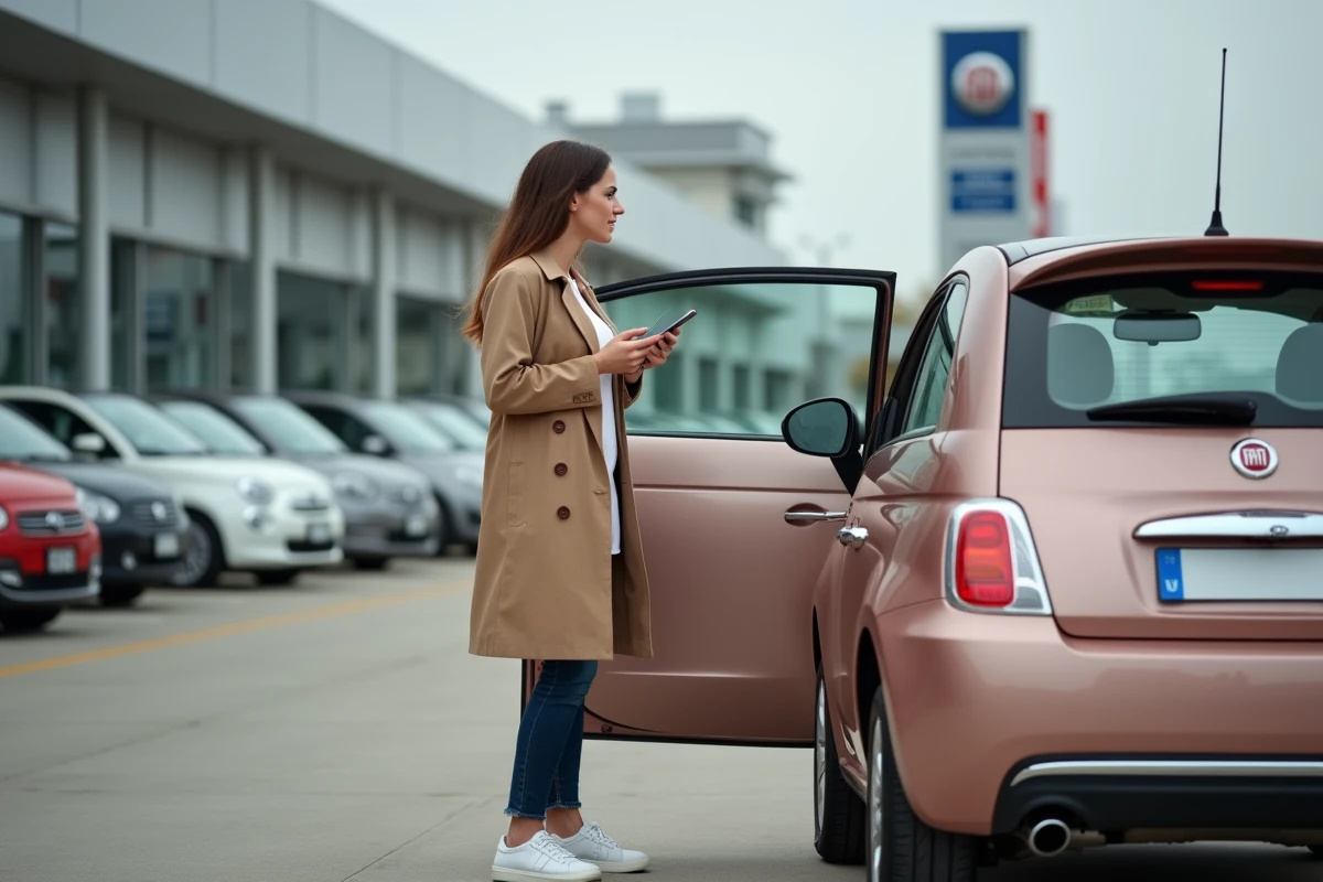 Femme inspectant une Fiat 500 rose gold dans un parc de voitures d'occasion certifiées