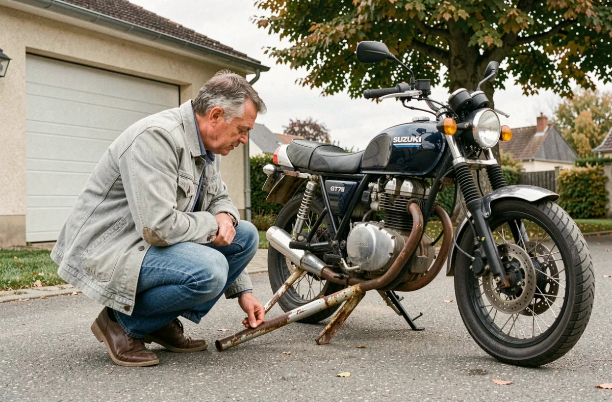 Acheteur potentiel inspectant le cadre et la carrosserie d'une Suzuki GT750 d'occasion dans une allée résidentielle française