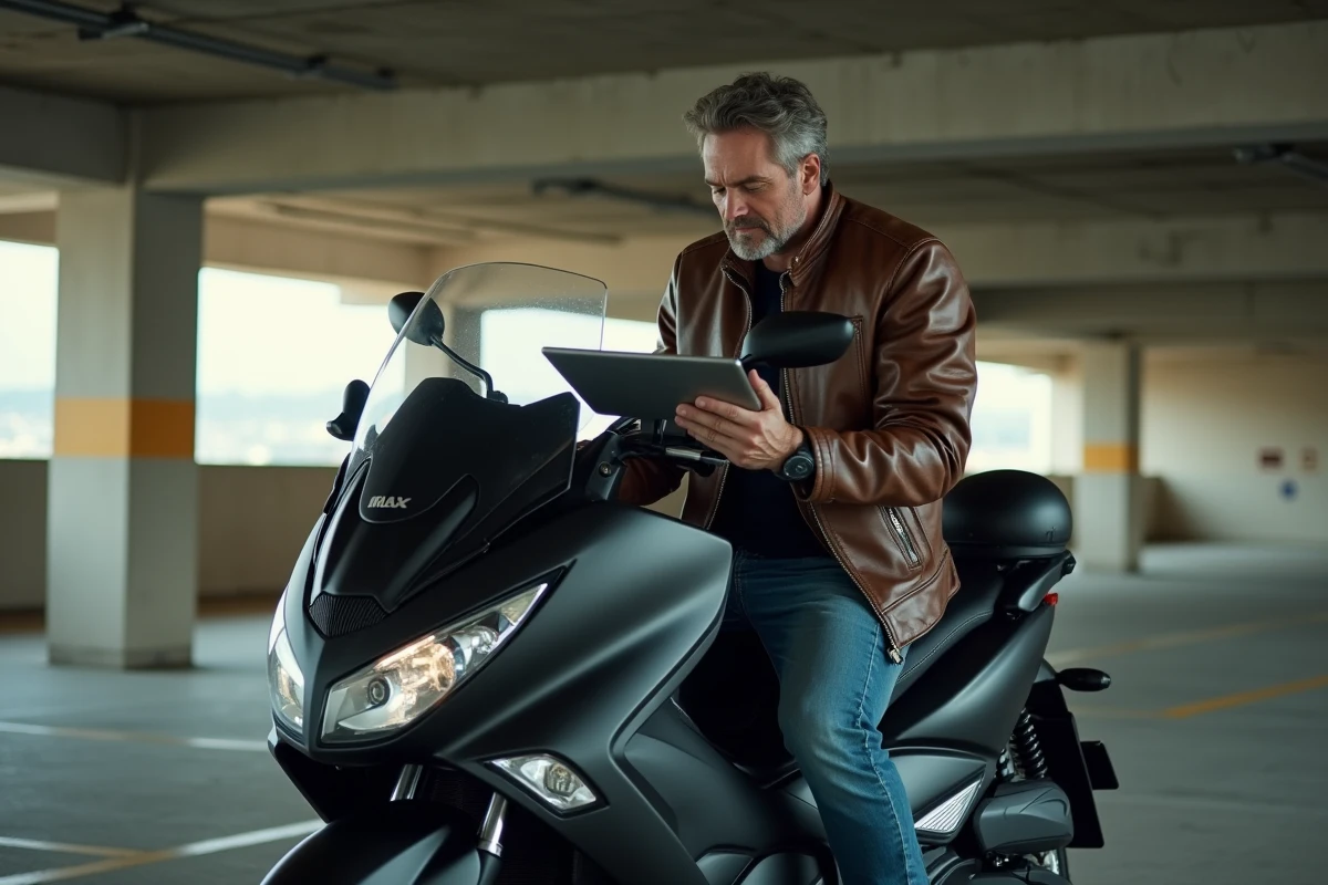 Acheteur analysant le prix d'un TMAX 750 d'occasion dans un parking souterrain avec contrat sur tablette