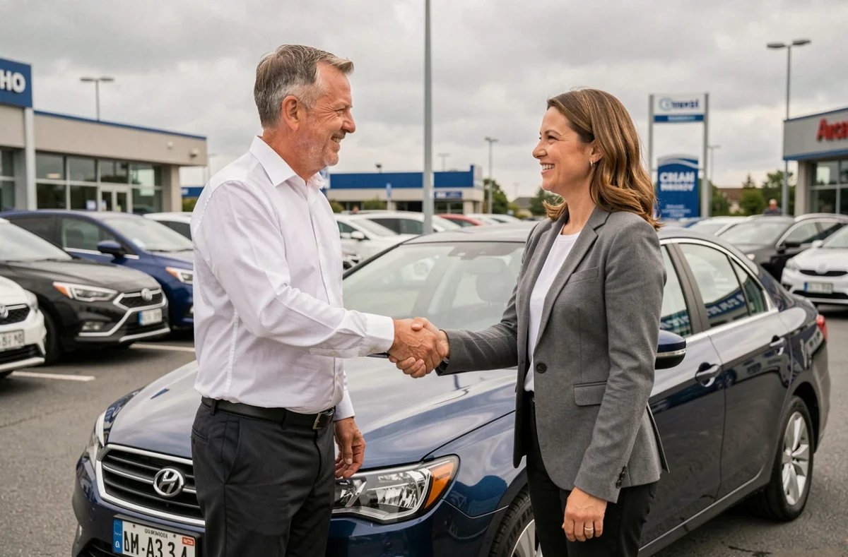 Vendeur et acheteuse de voiture d'occasion concluant une transaction en toute confiance dans un parking de concession automobile