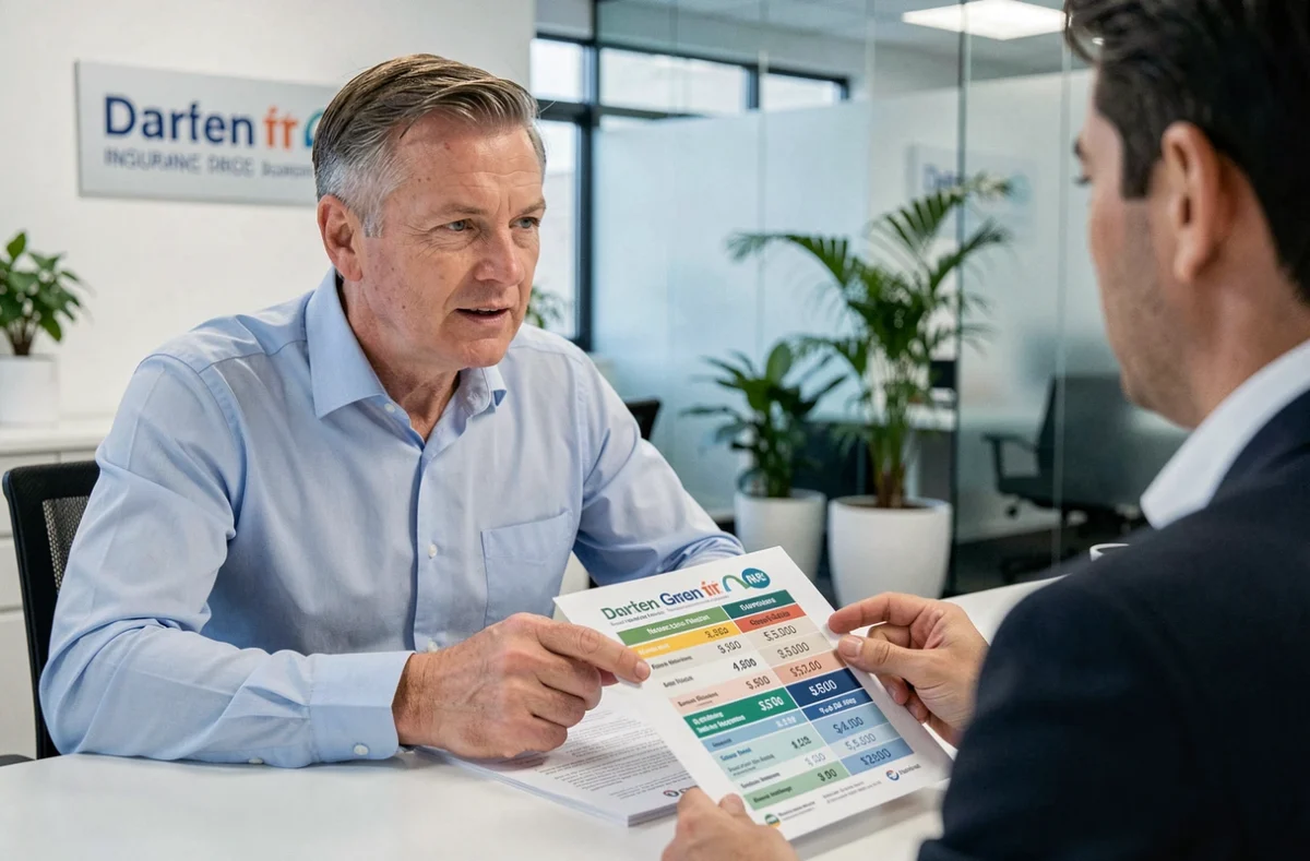 Agent d'assurance expliquant les tarifs d'assurance automobile à un client dans une agence française