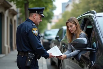 Agent de police expliquant une infraction à une conductrice