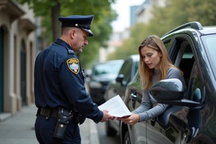 Agent de police expliquant une infraction à une conductrice