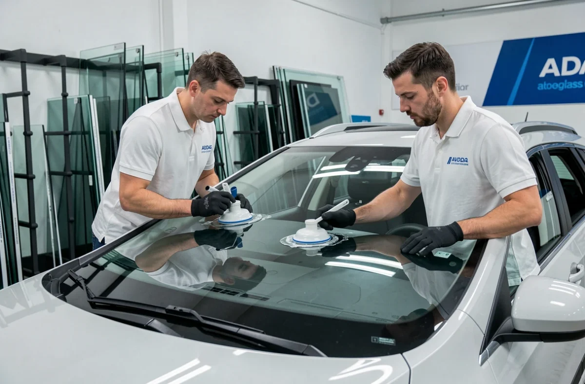 Technicien posant un nouveau pare-brise sur un SUV dans l'atelier A+Glass à Colombey-les-Belles
