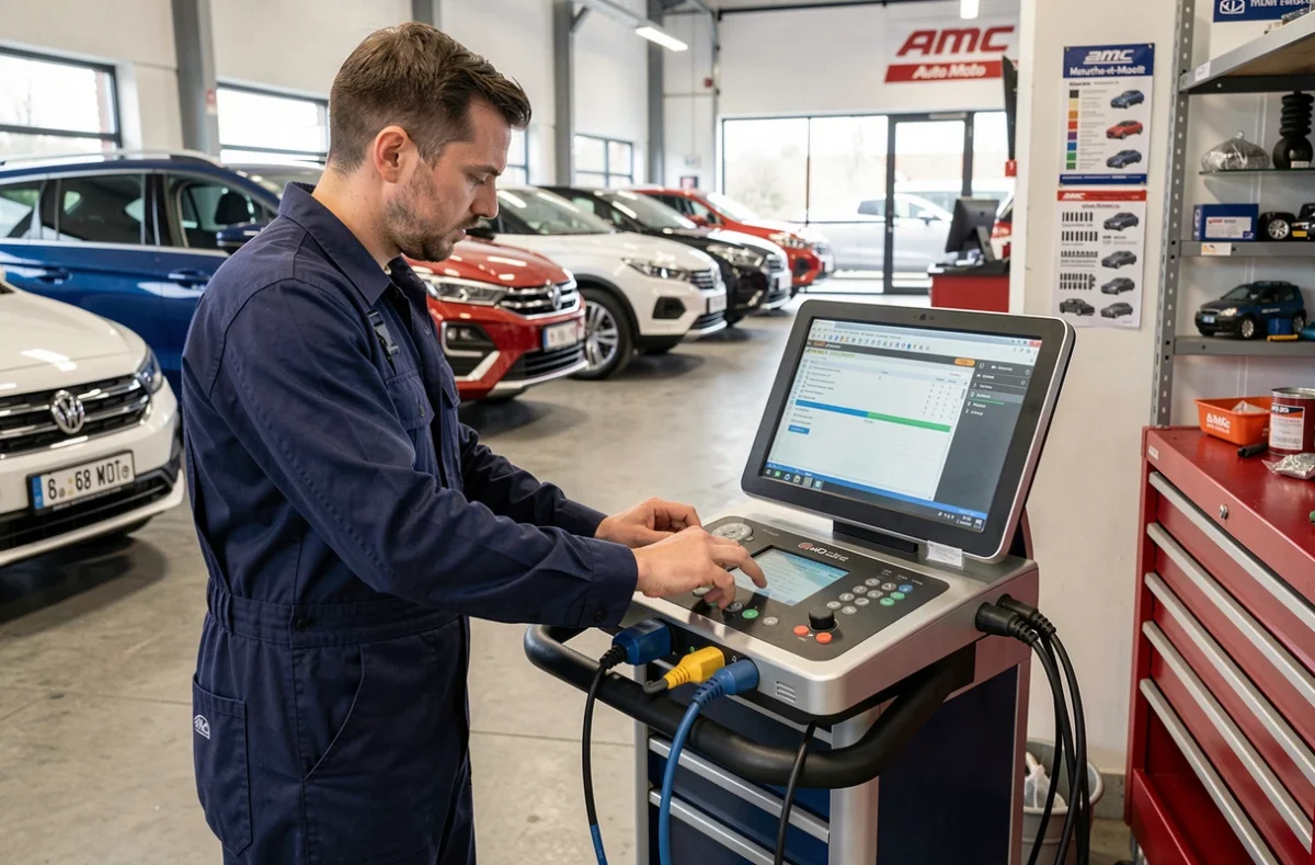 Technicien utilisant un diagnostic électronique multimarques chez AMC Auto Moto en Meurthe-et-Moselle