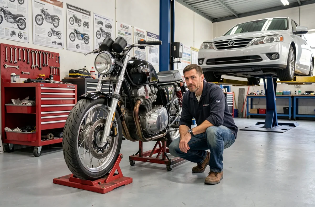 Mécanicien travaillant sur une moto dans l'atelier AMC Auto Moto spécialisé en mécanique auto et deux-roues
