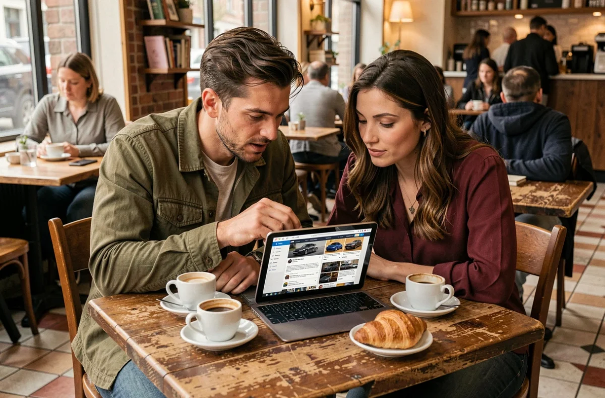 Deux amis consultant ensemble les actualités Caradisiac sur une tablette dans un café