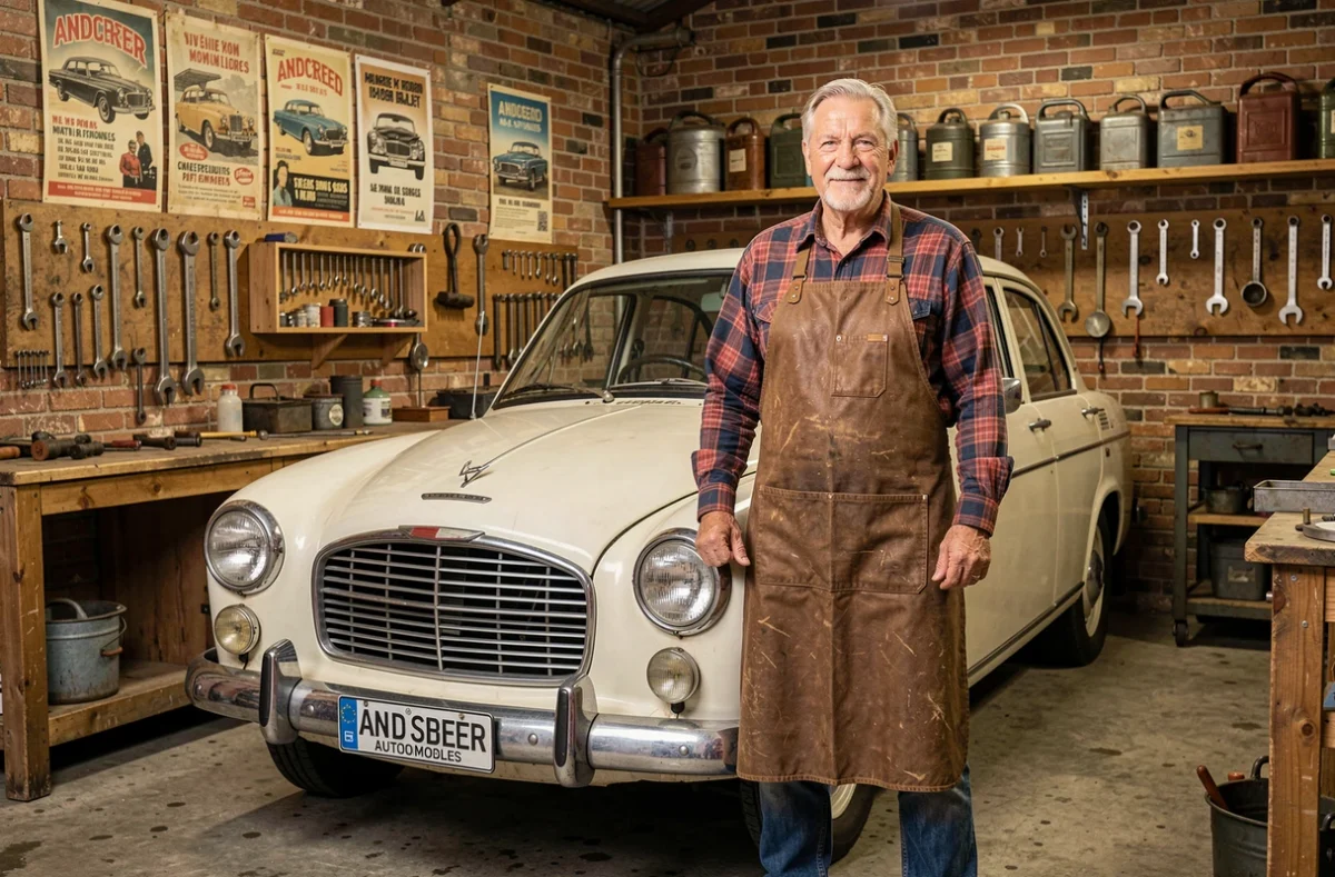 Propriétaire du garage indépendant historique Andersen Automobiles posant fièrement dans son atelier devant une berline ancienne