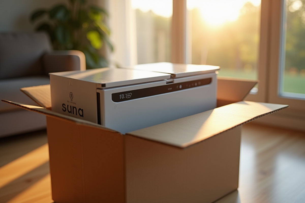 Appareil électronique neuf partiellement visible dans une boîte en carton dans un intérieur cosy