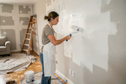 Femme appliquant un covering blanc pas cher sur un mur avec un rouleau dans un salon en cours de rénovation