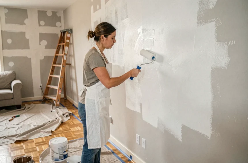 Femme appliquant un covering blanc pas cher sur un mur avec un rouleau dans un salon en cours de rénovation