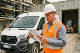 Artisan BTP en gilet haute visibilité consultant son contrat d'assurance voiture professionnelle sur un chantier de construction
