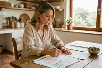 Femme consultant des documents d'assurance auto à Aubagne dans une maison provençale