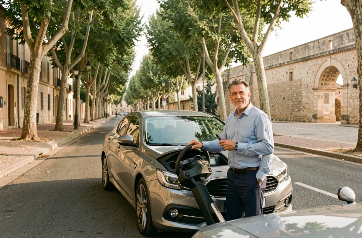 Moniteur de l'Auto École Du Victor Hugo à Nîmes sur un boulevard ombragé avec l'architecture romaine de la ville en arrière-plan