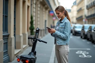 Femme utilisant une application mobile pour déverrouiller une voiture sans permis en autopartage dans une rue urbaine française
