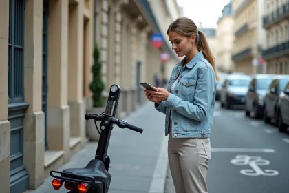 Femme utilisant une application mobile pour déverrouiller une voiture sans permis en autopartage dans une rue urbaine française