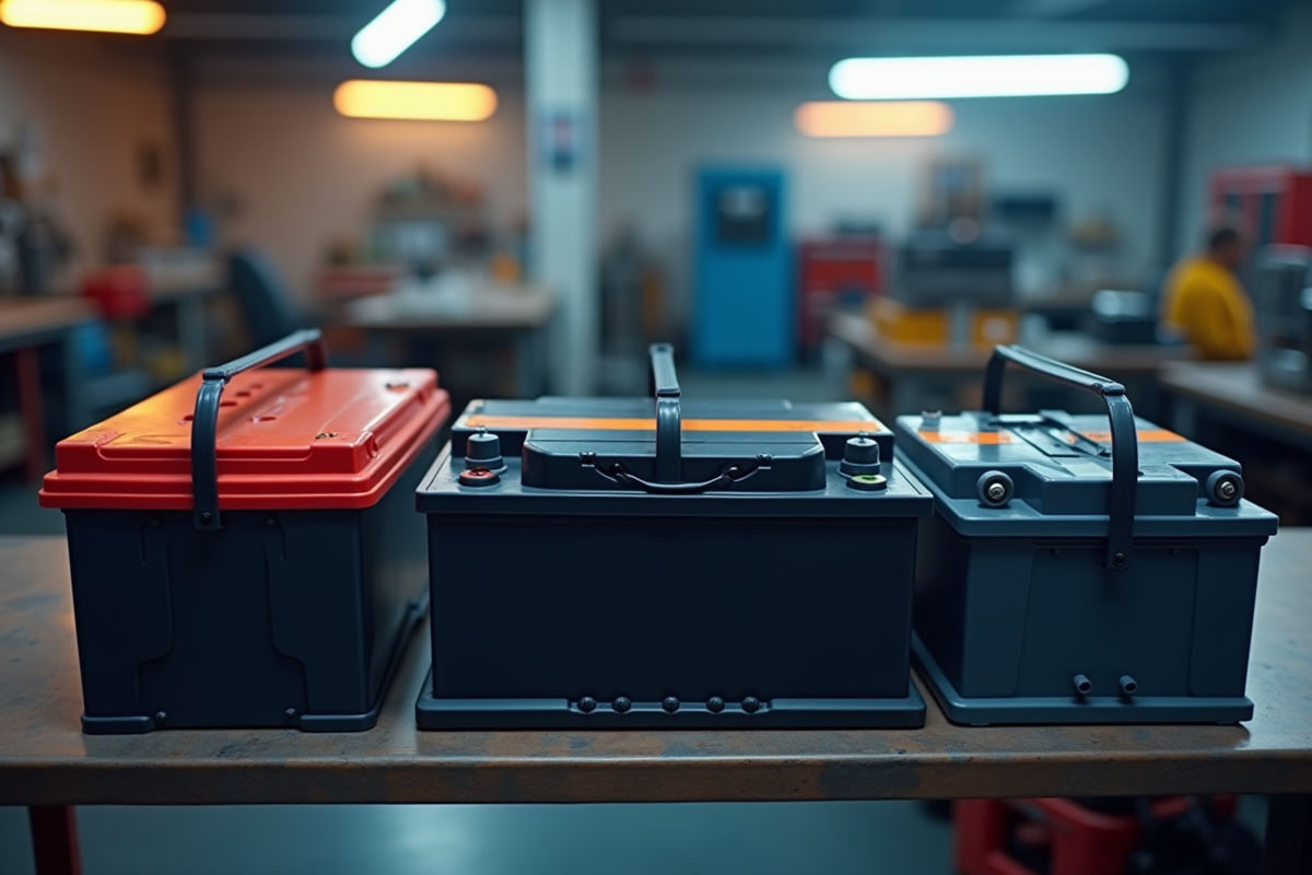Plusieurs batteries de voiture alignées sur un établi propre dans un garage bien éclairé