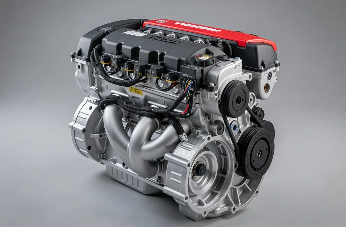 Bloc moteur essence Renault quatre cylindres turbo exposé en plan rapproché mettant en valeur les composants mécaniques