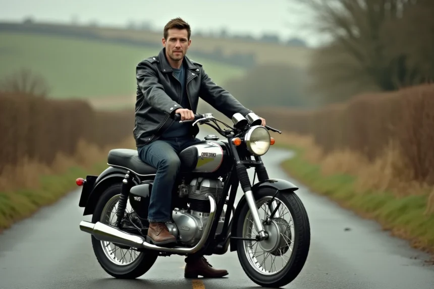 Homme en veste de cuir noir assis sur une moto britannique vintage des années 1960, sur une route rurale anglaise, style documentaire photographique