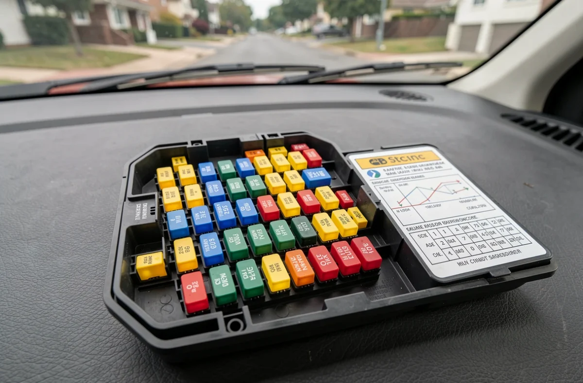 Boîtier de fusibles ouvert d'un Renault Scenic 2 avec schéma de référence posé à côté