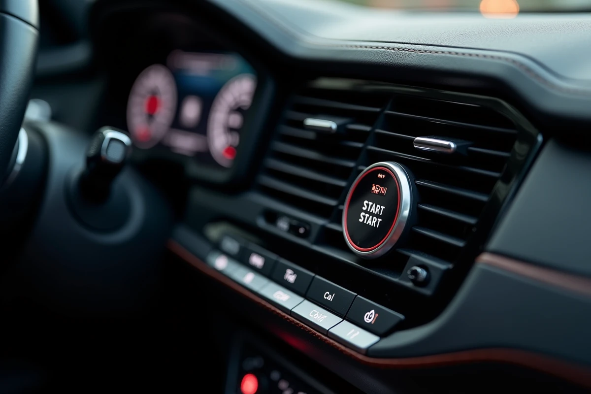Gros plan sur le bouton stop and start et l'écran de consommation de carburant d'un tableau de bord de voiture essence moderne