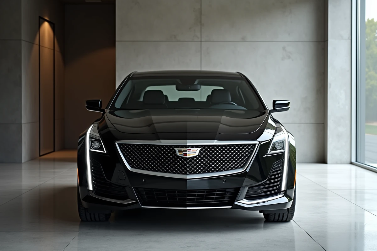 Cadillac CT5 noire exposée dans un showroom architectural moderne aux murs en béton