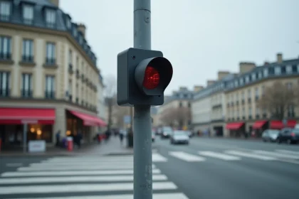 Caméra de feu rouge installée sur un poteau métallique à un carrefour urbain en France avec capteur radar intégré