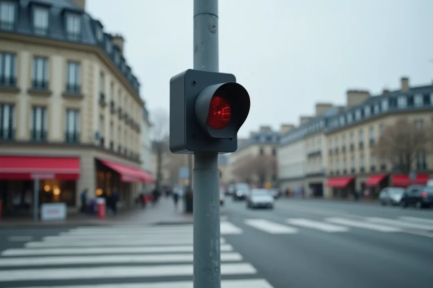 Caméra de feu rouge installée sur un poteau métallique à un carrefour urbain en France avec capteur radar intégré