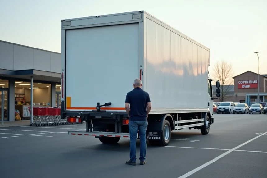 Camion de déménagement 20m3 avec hayon hydraulique garé devant un hypermarché Leclerc en week-end