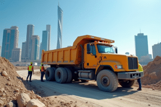 Camion benne d'occasion sur un chantier urbain ensoleille