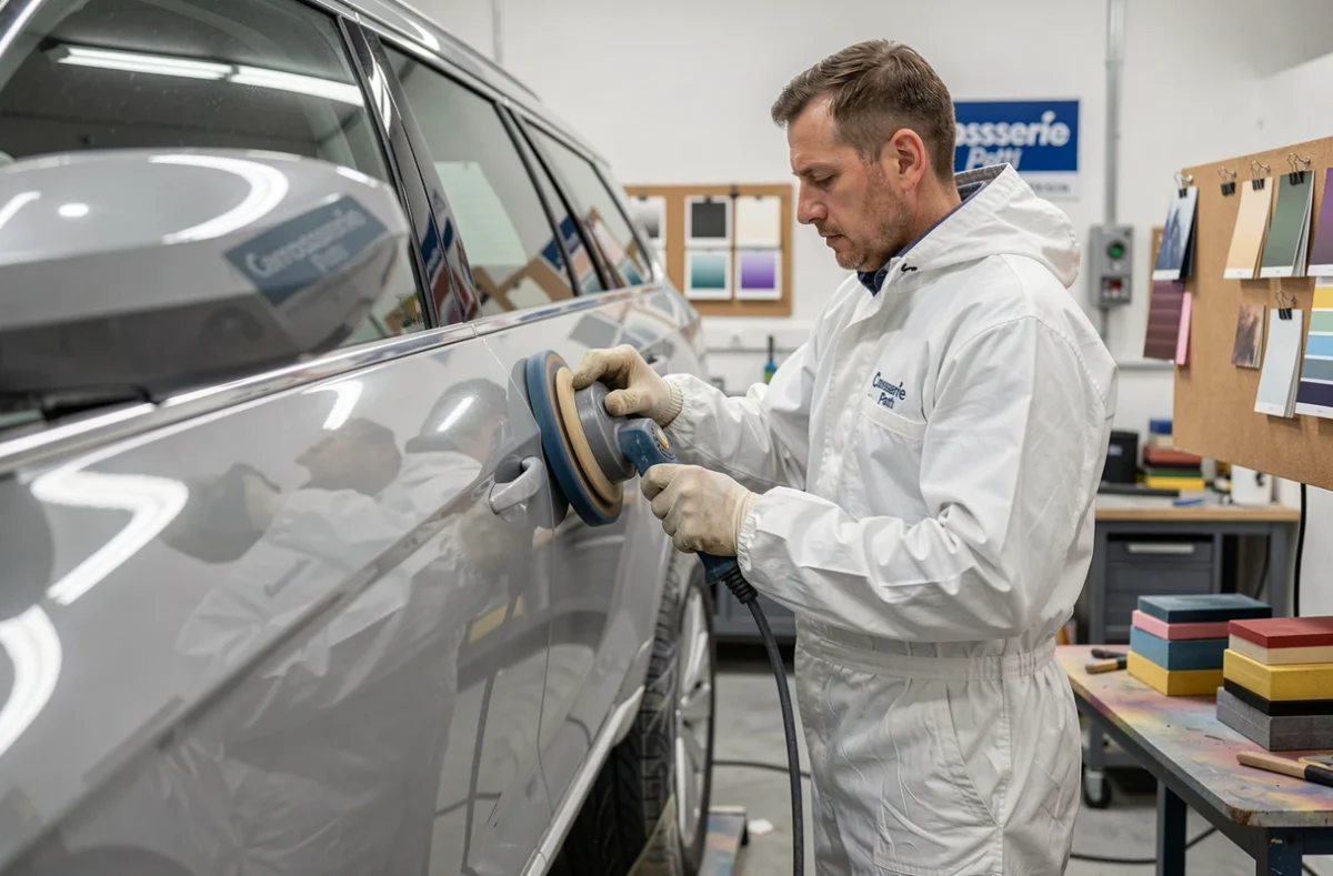 Carrossier polissant un panneau fraîchement peint avec une lustreuse orbitale chez Carrosserie Patti