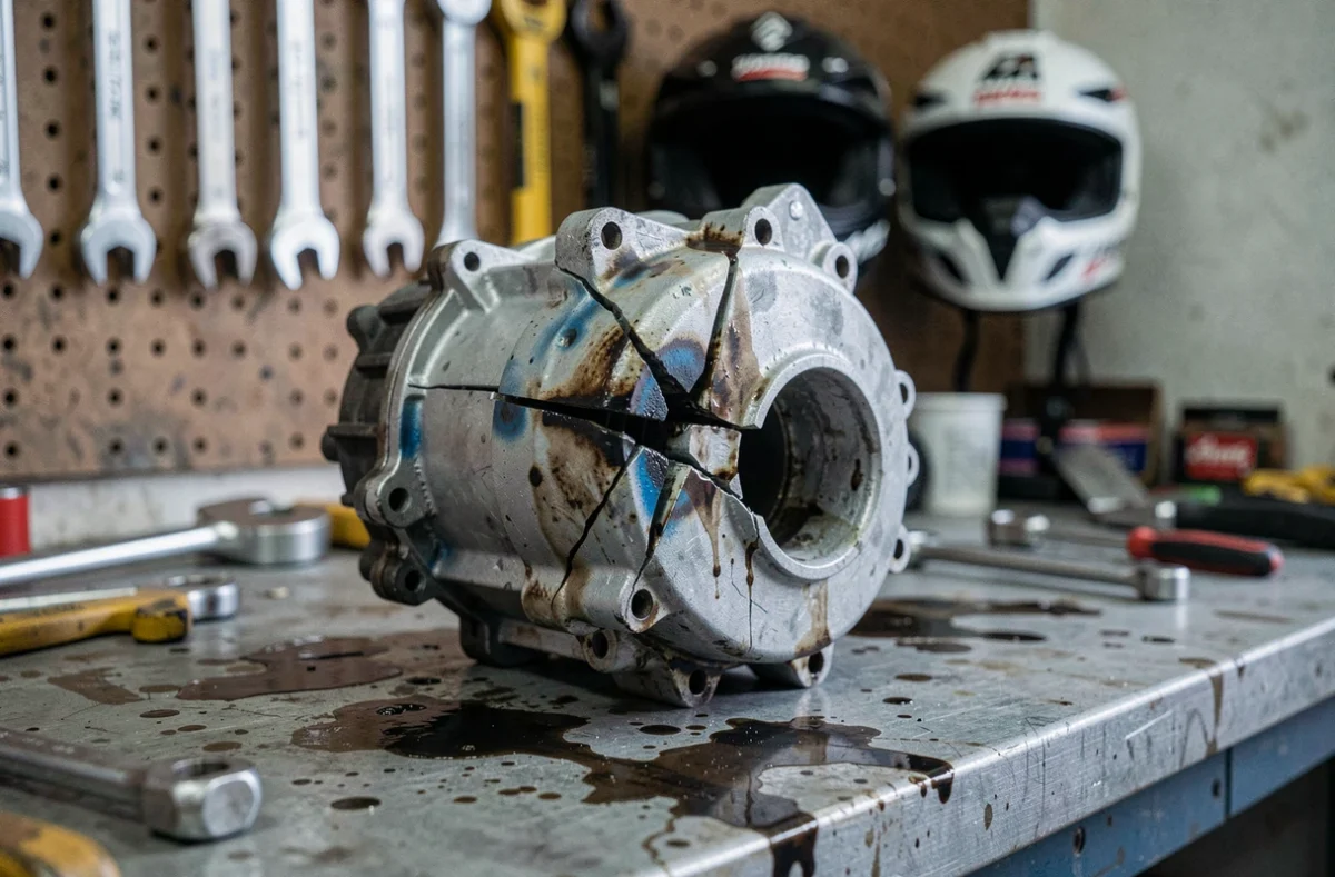 Carter moteur fissuré d'une moto d'enduro posé sur un établi d'atelier, montrant les traces de surchauffe et d'huile caractéristiques d'une casse moteur