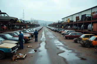Vue aérienne d'une casse automobile organisée près de Lille avec rangées de véhicules démontés et ouvriers en combinaison