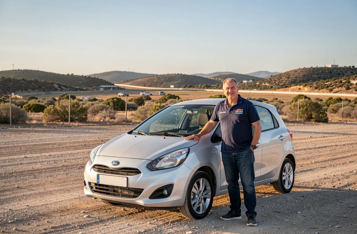 Moniteur d'auto-école Cerle à Lédenon debout à côté d'un véhicule d'apprentissage, paysage de la garrigue gardoise en arrière-plan