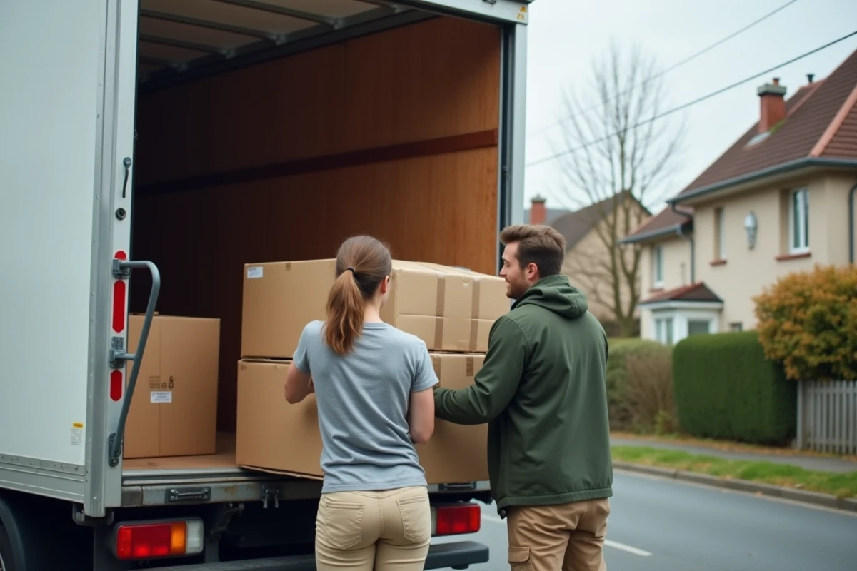 Chargement de cartons dans un camion de location 20m3 avec hayon par un couple le week-end