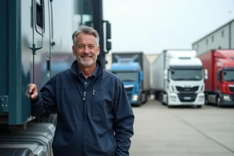 Chauffeur de poids lourd professionnel devant un camion articulé dans un dépôt logistique, illustrant le permis C pour le transport de marchandises