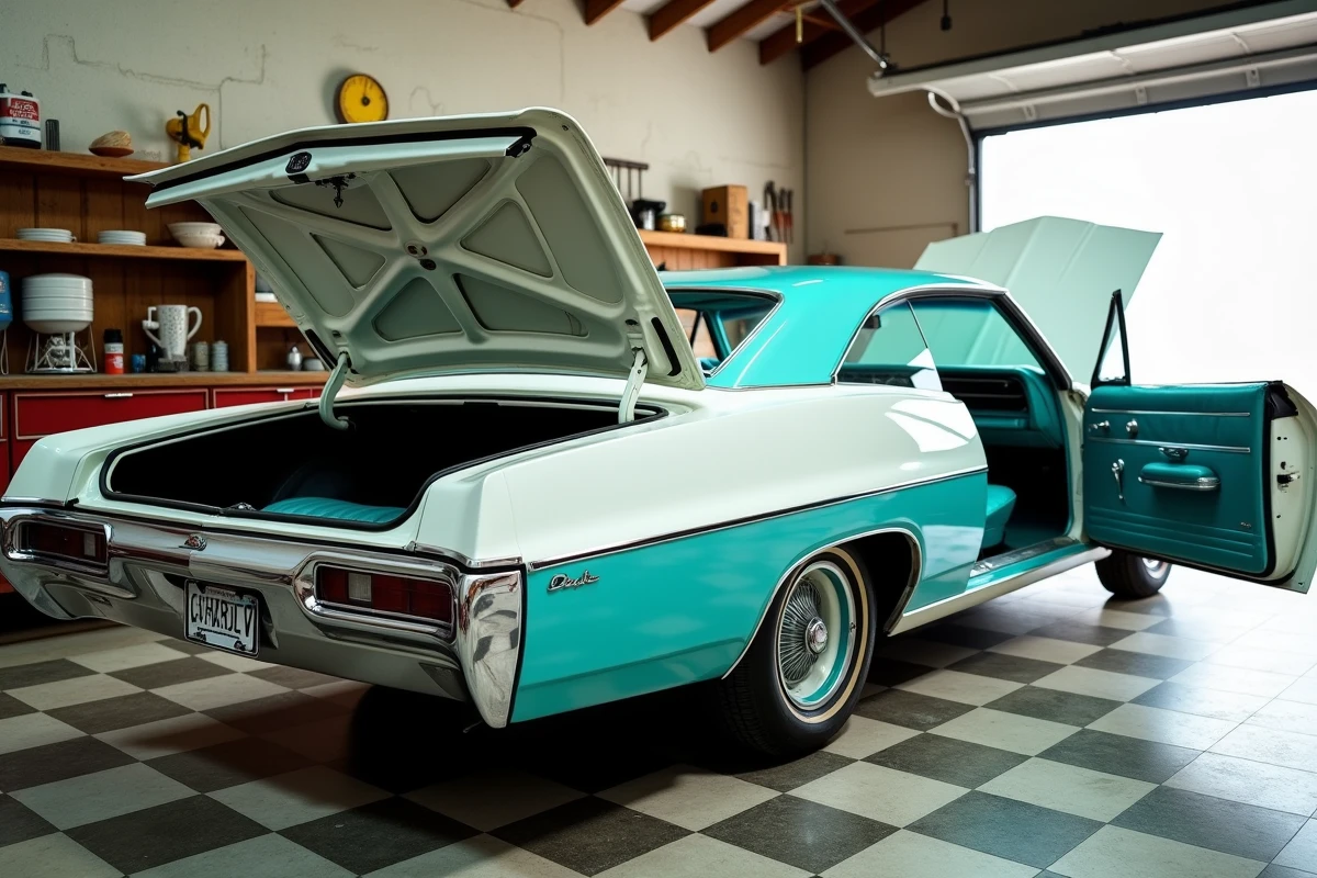 Chevrolet Impala 1967 bicolore blanc et turquoise restaurée dans un garage vintage américain avec capot ouvert sur le moteur V8