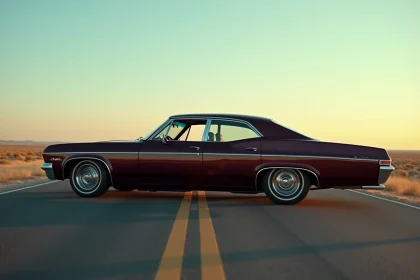 Chevrolet Impala 4 portes 1967 en peinture cerise noire garée sur une route américaine déserte au coucher du soleil