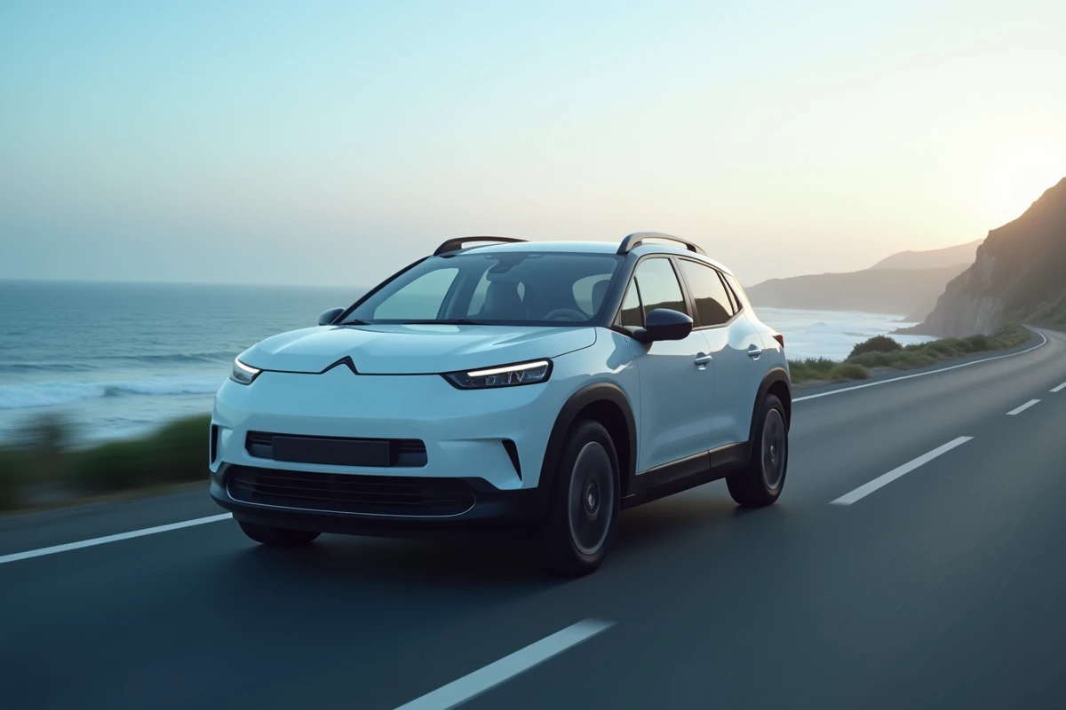 Citroën ë-C4 électrique blanc sur une route côtière au crépuscule avec vue sur l'océan