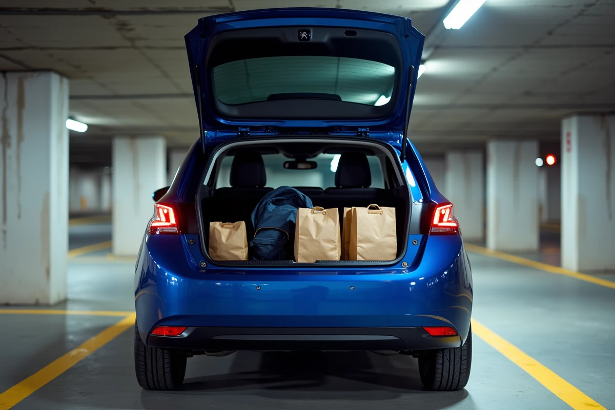Coffre d'une Peugeot 308 bleue grand ouvert dans un parking souterrain, chargé d'affaires familiales dont une poussette et des sacs de courses