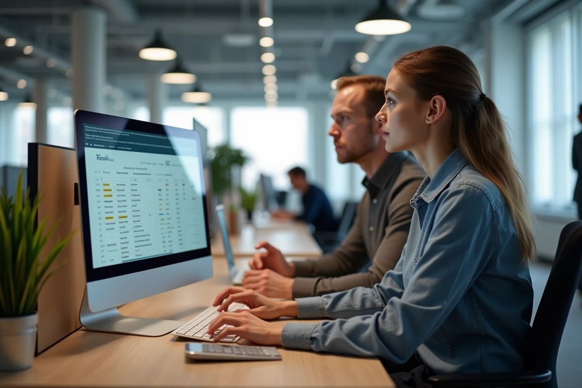 Deux collègues analysant ensemble un tableau comparatif de fiabilité de modèles récents sur un écran de bureau en open space