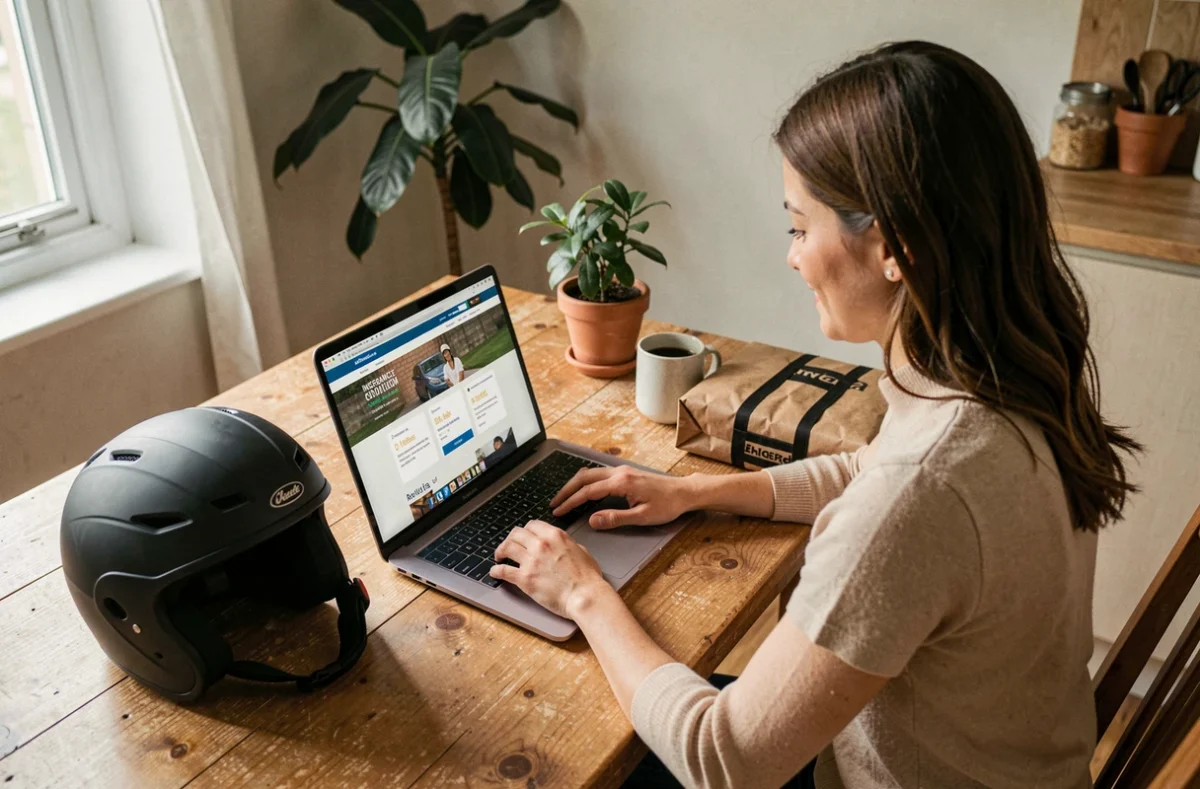 Femme comparant des offres d'assurance scooter livraison sur un ordinateur portable à domicile