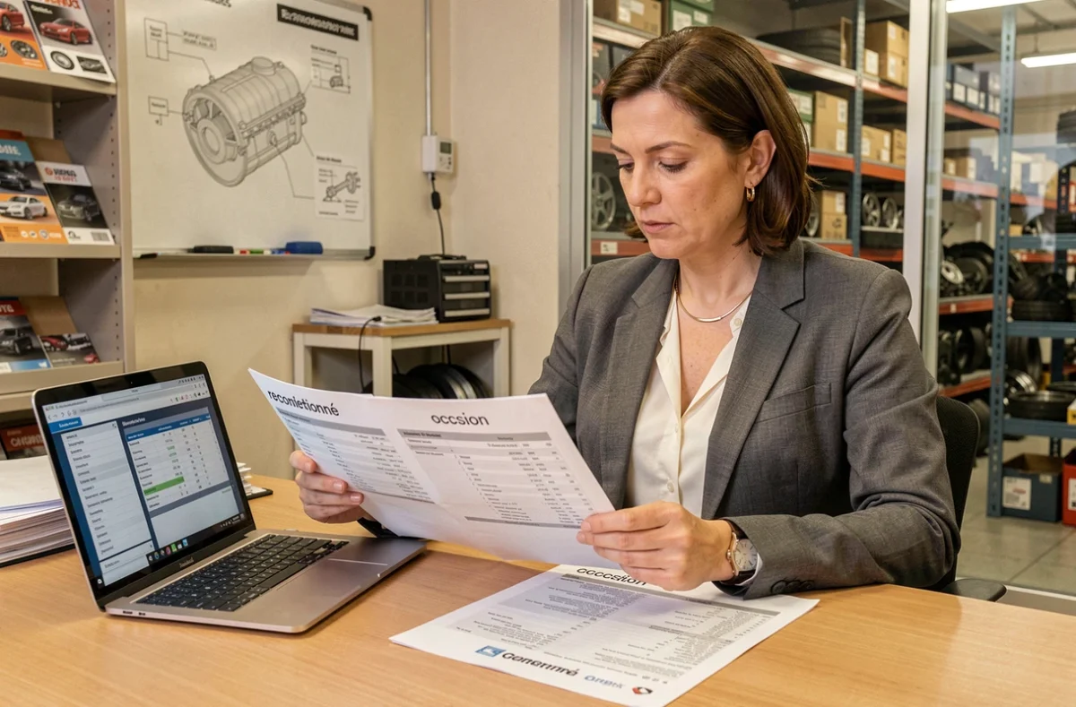 Femme comparant les options de moteur 2 HDi 90 reconditionné et d'occasion dans un bureau de pièces automobiles