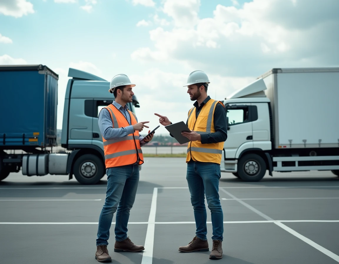 Deux professionnels du transport comparant un poids lourd et un camion léger dans un terminal de fret, illustrant la différence entre le permis C et le permis C1
