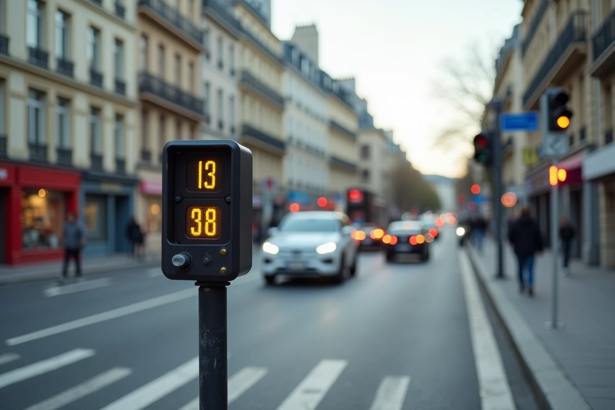 Boulevard urbain français avec un radar de vitesse et une caméra de feu rouge côte à côte au-dessus de la chaussée