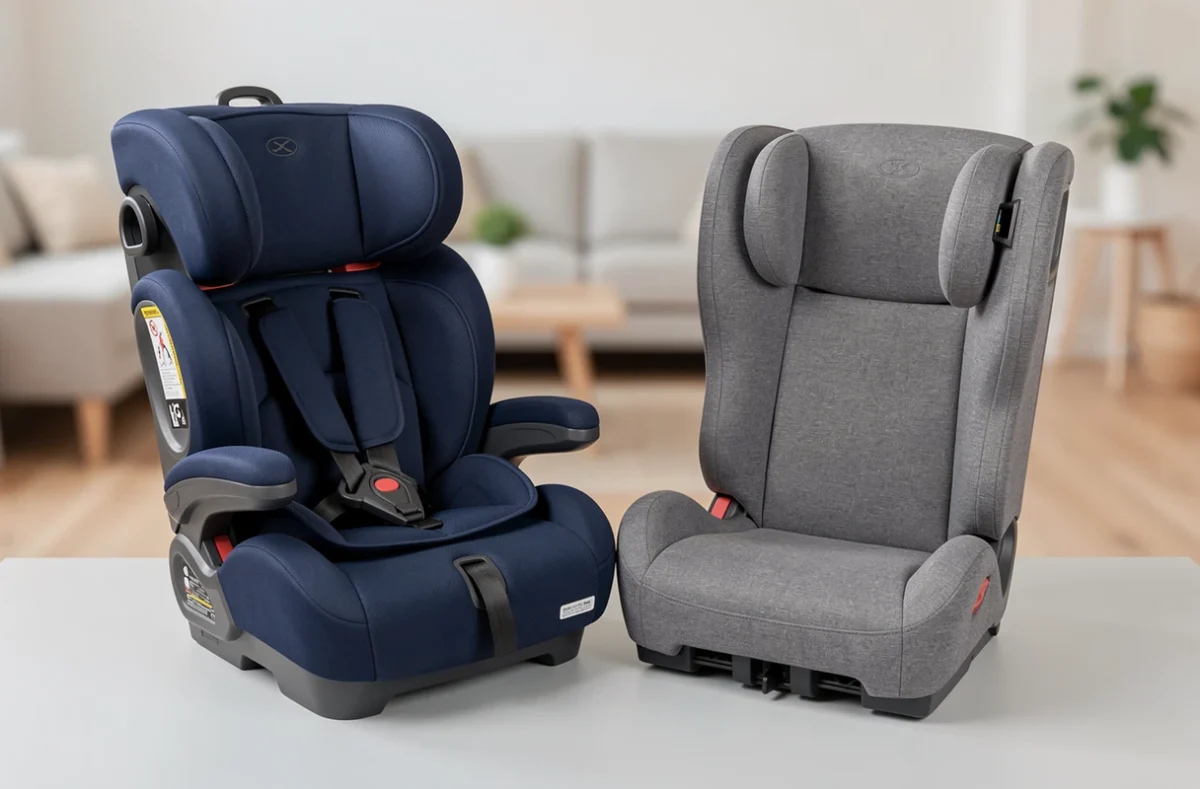 Comparaison de deux modèles de rehausseurs auto pour petite voiture, avec et sans ISOFIX