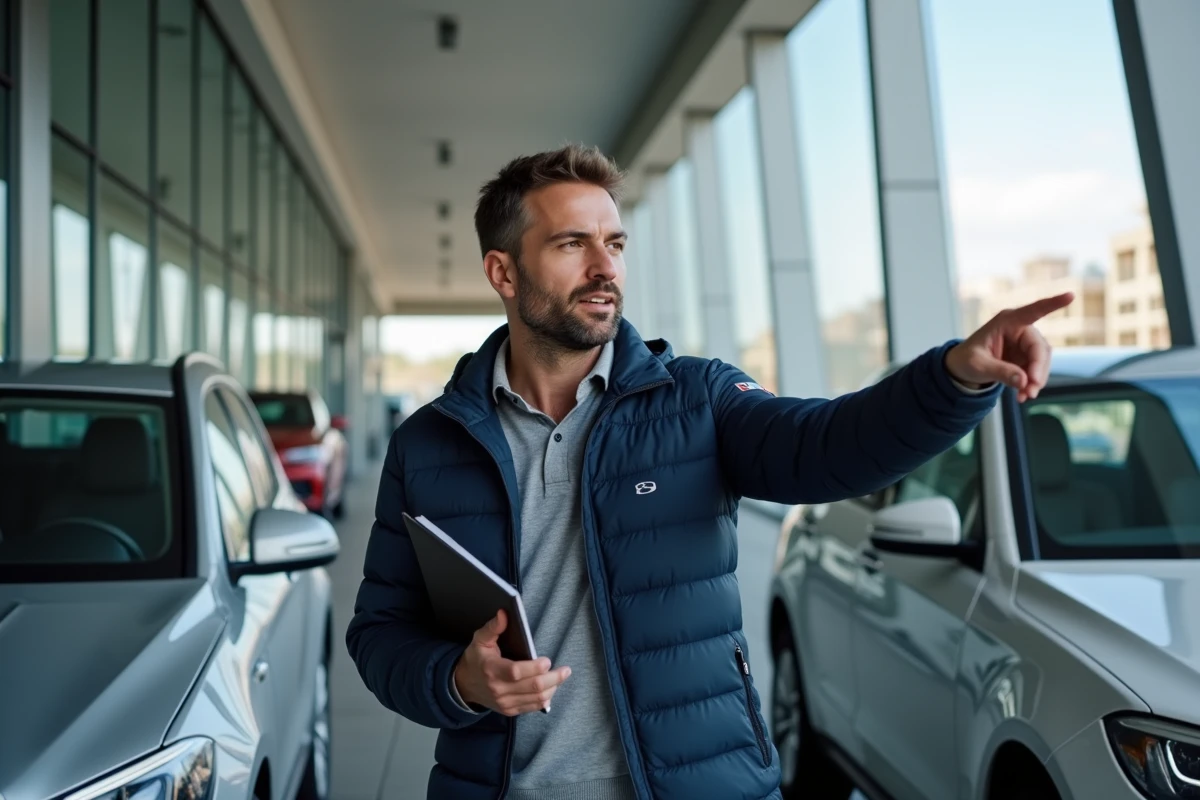 Homme consultant les sigles de voitures japonaises et allemandes dans un showroom automobile en plein air