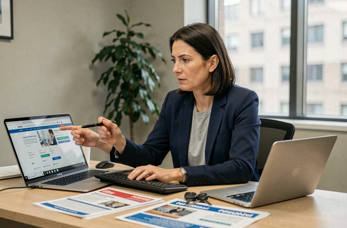 Femme professionnelle comparant des offres d'assurance auto pour le secteur BTP sur un ordinateur portable au bureau