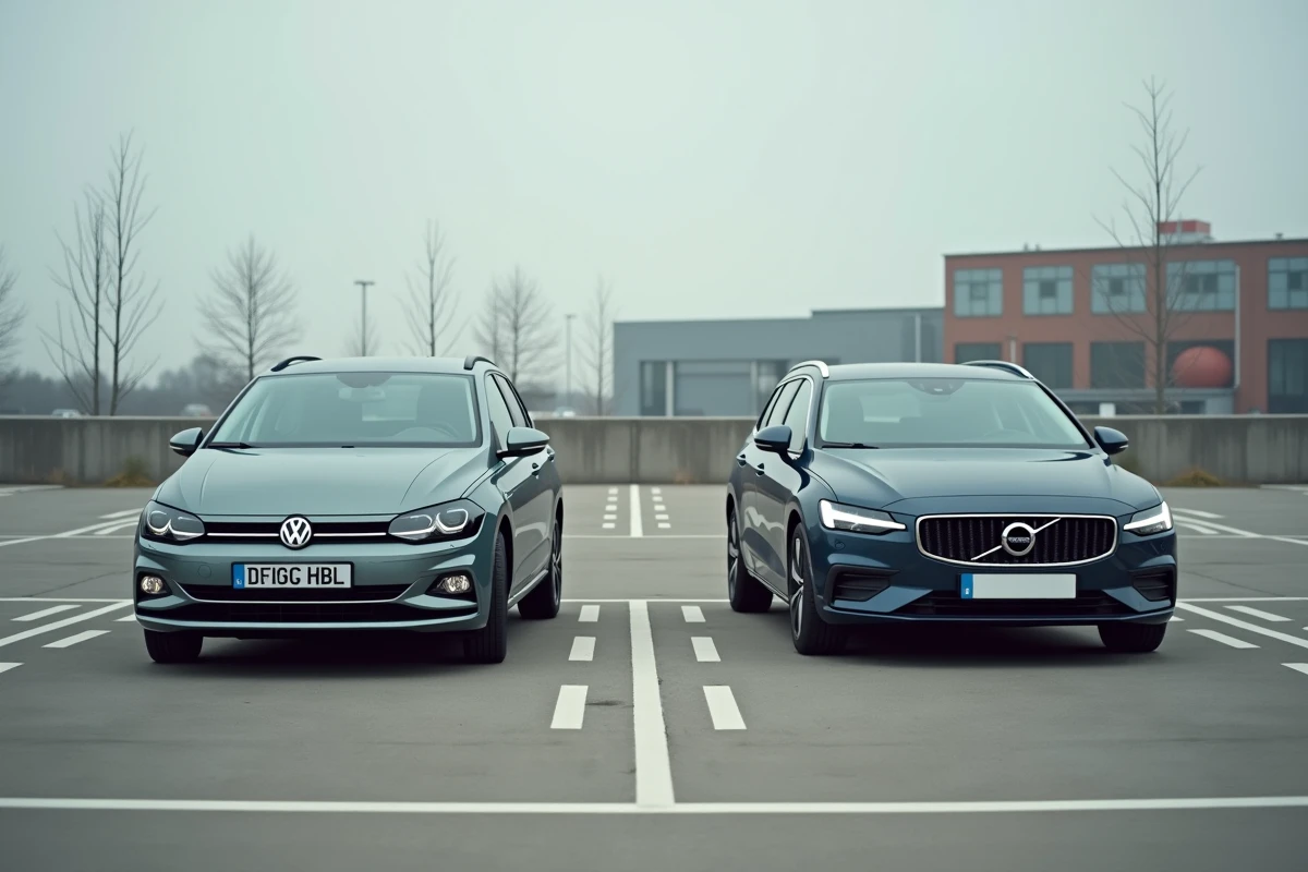 Comparatif entre une Volkswagen Polo et une Volvo V60 dans un parking, illustrant les différences de consommation entre modèles de marques automobiles en V